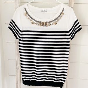 Embellished Striped Short Sleeve Sweater
